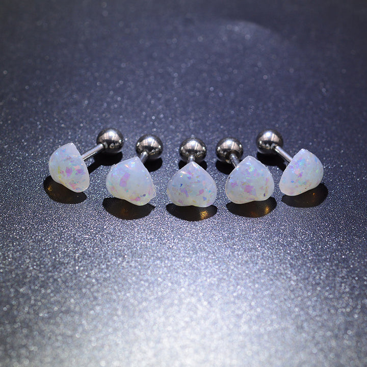 Sterling Silver Heart Opal Ear Studs, Lip Piercing, Tongue Piercing Jewelry