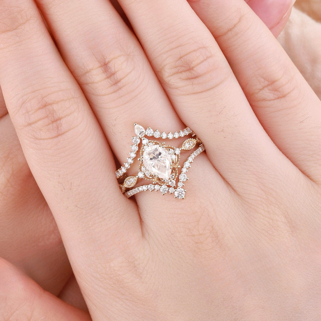 Moon-Star Teardrop Diamond Double Layer Stackable Ring (Dreamy Luxury Vintage Style)