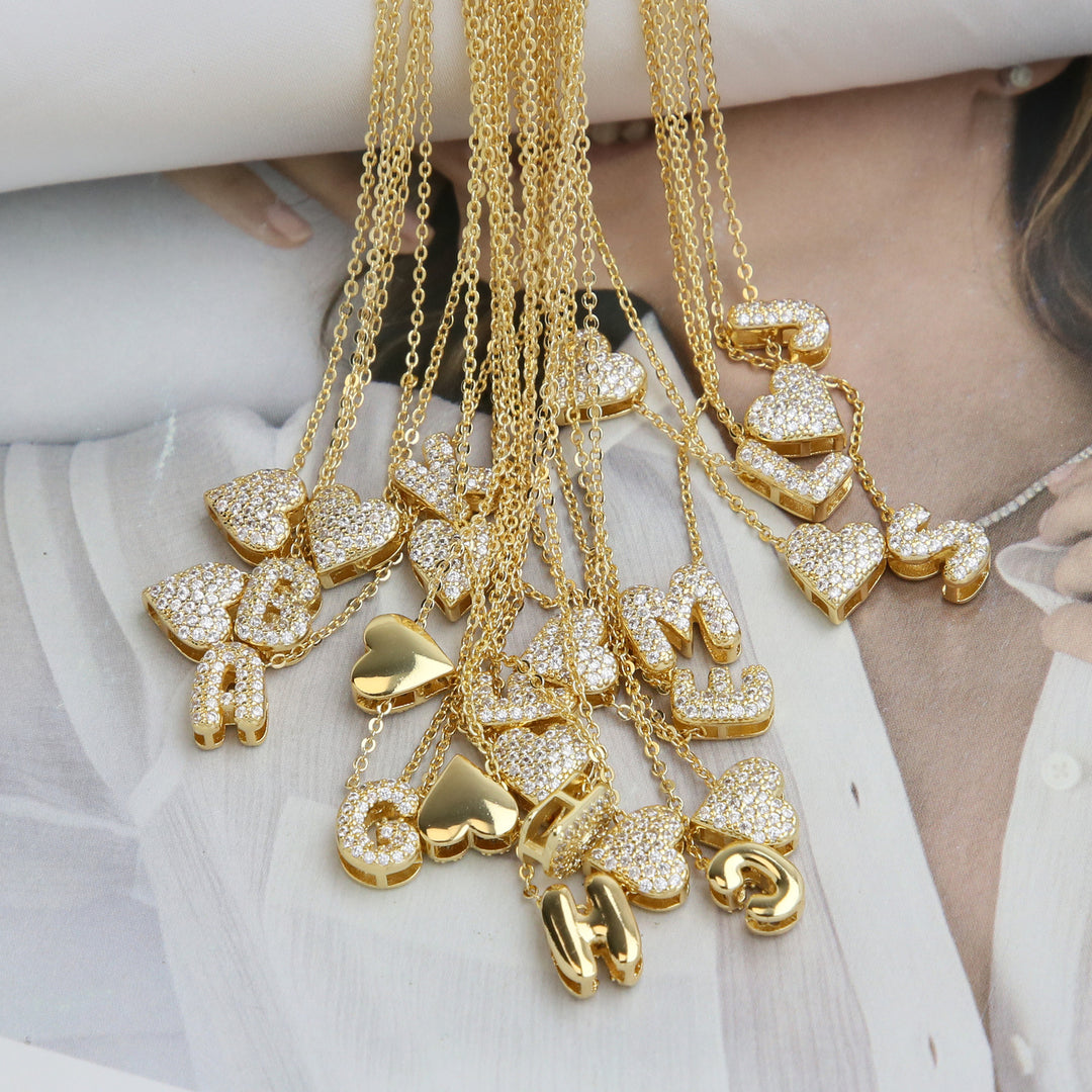 Diamond-Embedded Bubble Heart 26-Letter Name Pendant Necklace