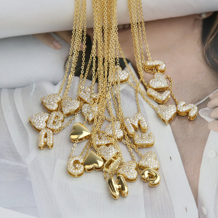 Diamond-Embedded Bubble Heart 26-Letter Name Pendant Necklace