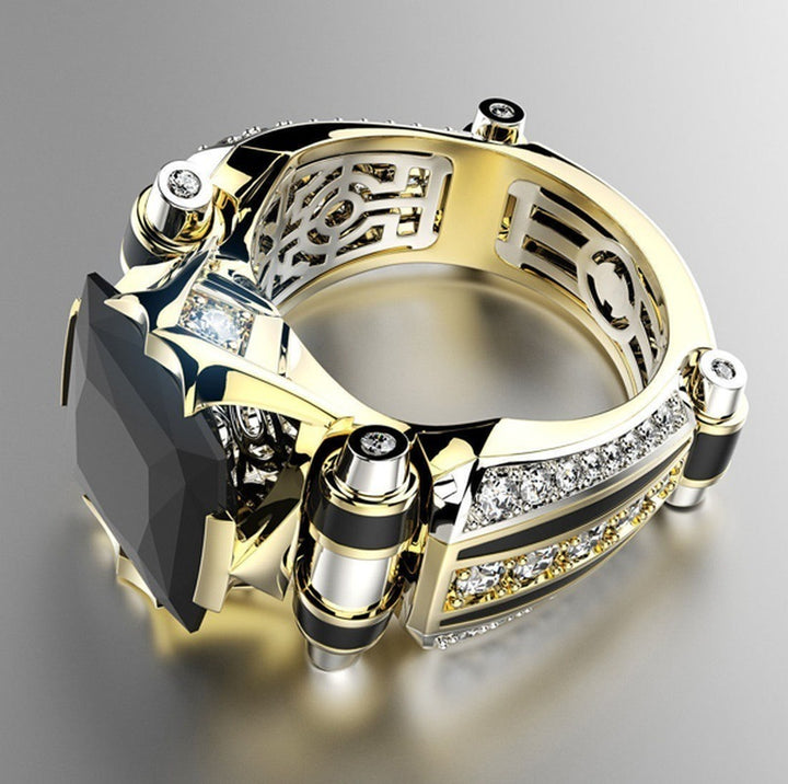Cyber-Mechanical Style Black-Gold Bicolor Black Gemstone Ring