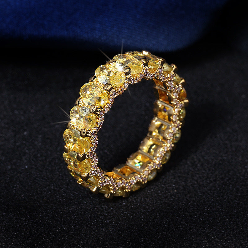 Oval-Cut Full-Diamond Eternity Ring (Yellow/White Diamond Women's Luxury Style)