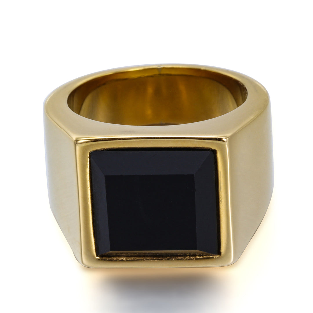 Square Black Diamond Titanium Steel Wide Ring (Gold/Silver Dual-Tone Bold Men's Style)