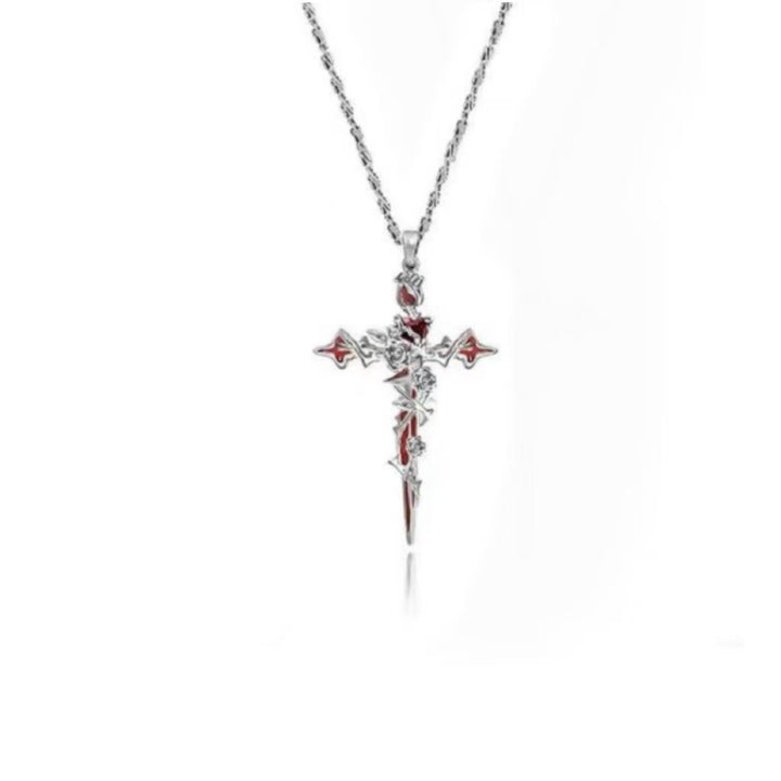 Gothic Fallen Angel Cross Earrings & Necklace Set with Red Heart and Rose – Silver Design