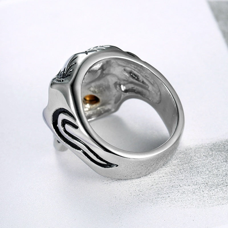 Retro One-Eyed Dragon Pipe Skull Ring (Men's Diamond-Inlaid Bold Band)