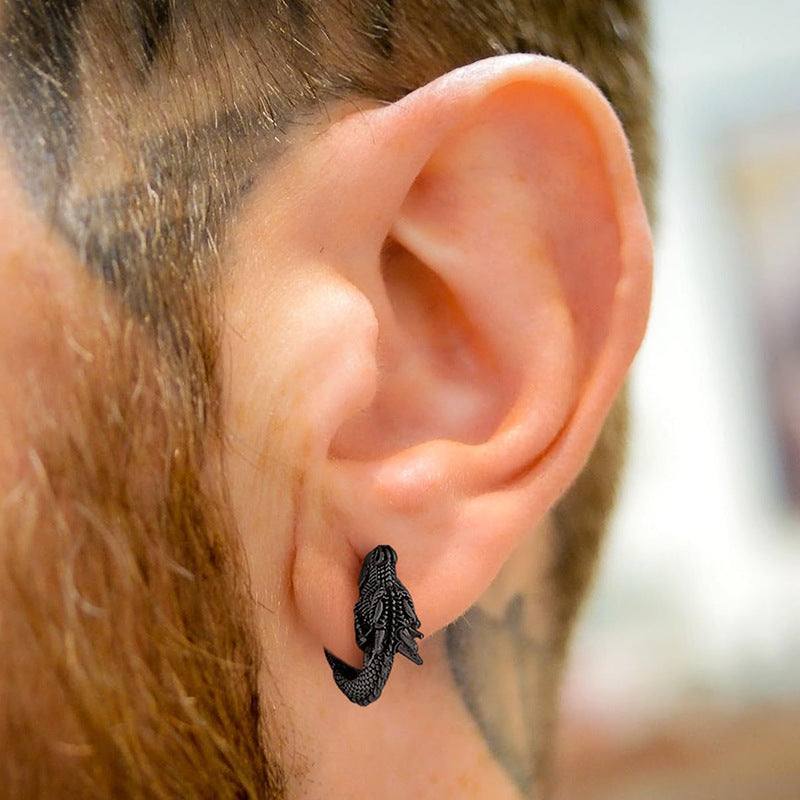 Retro Punk Style Titanium Steel Dragon Hoop Earrings (Dark Hardcore Style)