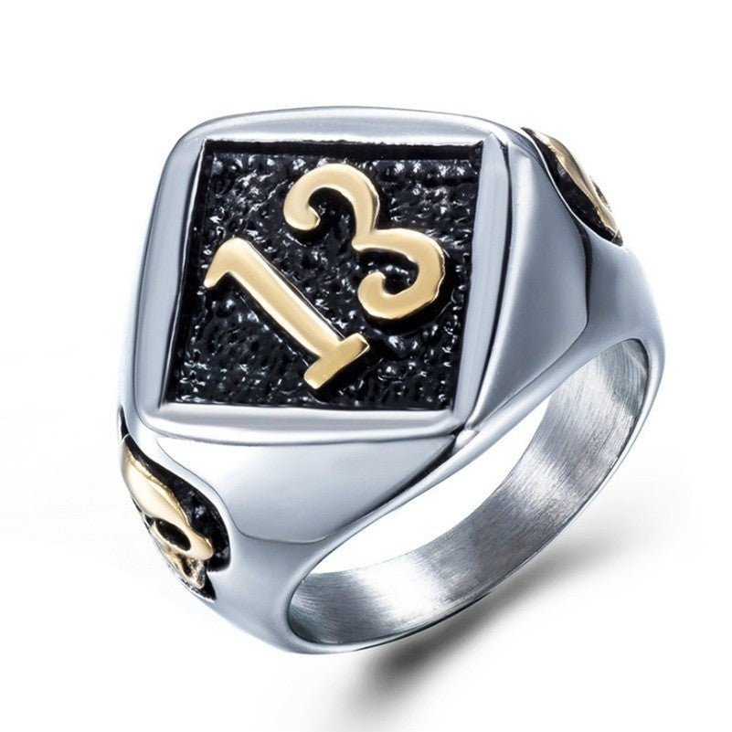Titanium Steel Two-Tone Number "13" Retro Ring