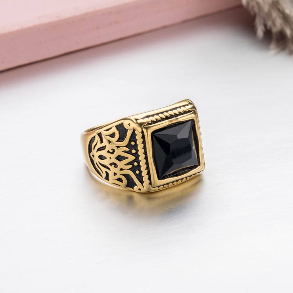 Titanium Steel Plated 18K Gold Carved Black Gem Retro Ring