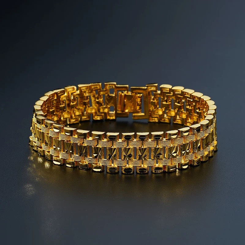 Titanium Steel Plated 18K Gold Square Stitching Men's Bracelet (Light Luxury Bold Style)