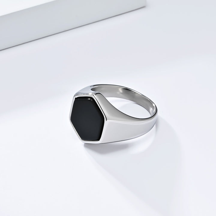 Titanium Steel Geometric Hexagon Seal Black Stone Ring (Minimalist Understated Style)