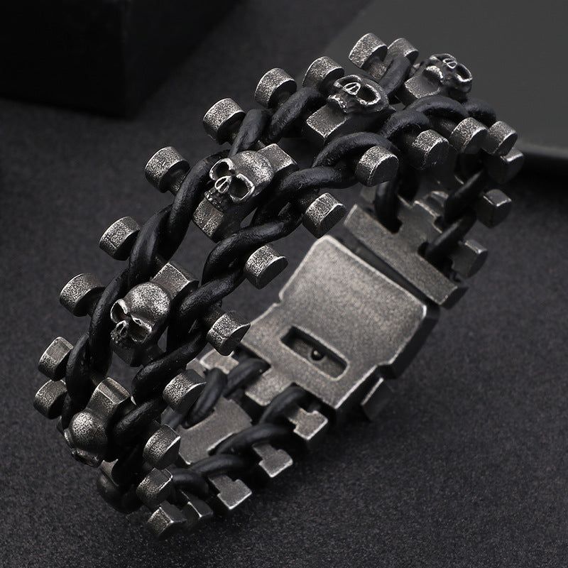 Titanium Steel Skull Braided Double-Layer Bracelet (Dark Punk Style)