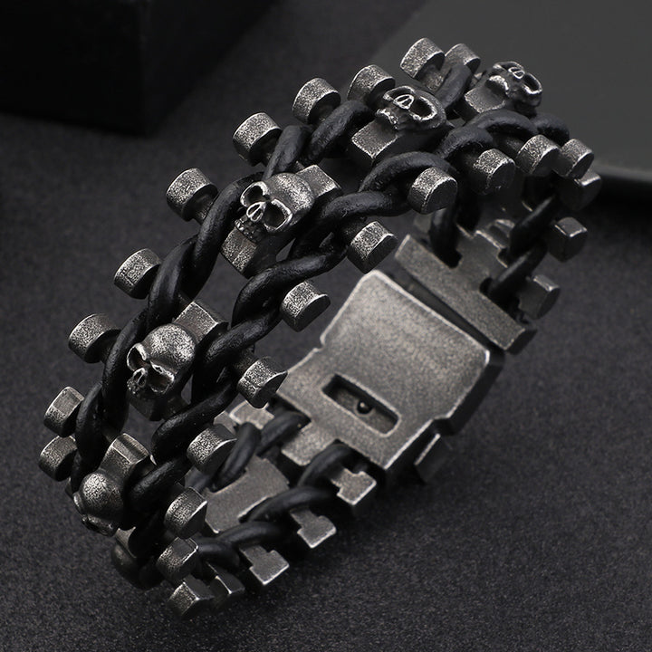 Titanium Steel Skull Braided Double-Layer Bracelet (Dark Punk Style)