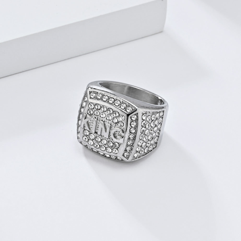 Titanium Steel Full-Moissanite "KING" Streetwear Ring (Hip-Hop Light Luxury Style)