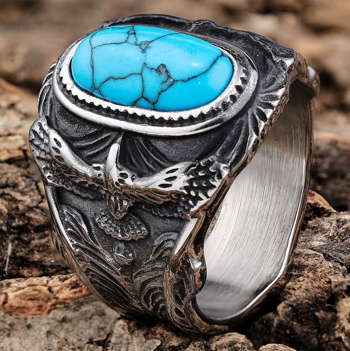 Titanium Steel Turquoise Eagle Carved Ring (Western Retro Style)