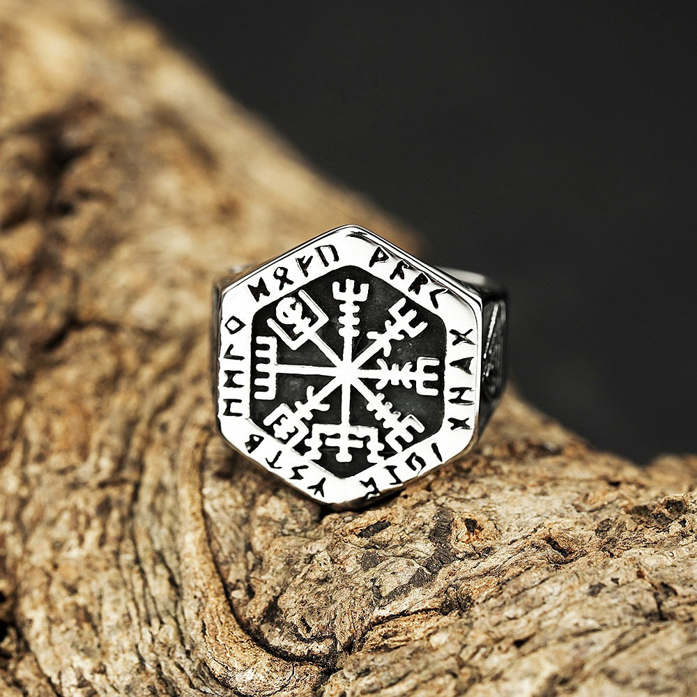 Titanium Steel Norse Rune Compass Ring (Viking Mythology Retro Style)