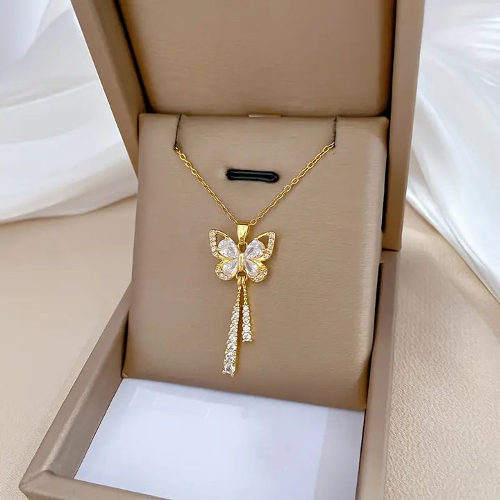 Lively Butterfly Tassel Diamond-Inlay Necklace (Light Luxury Fairy Style Series)