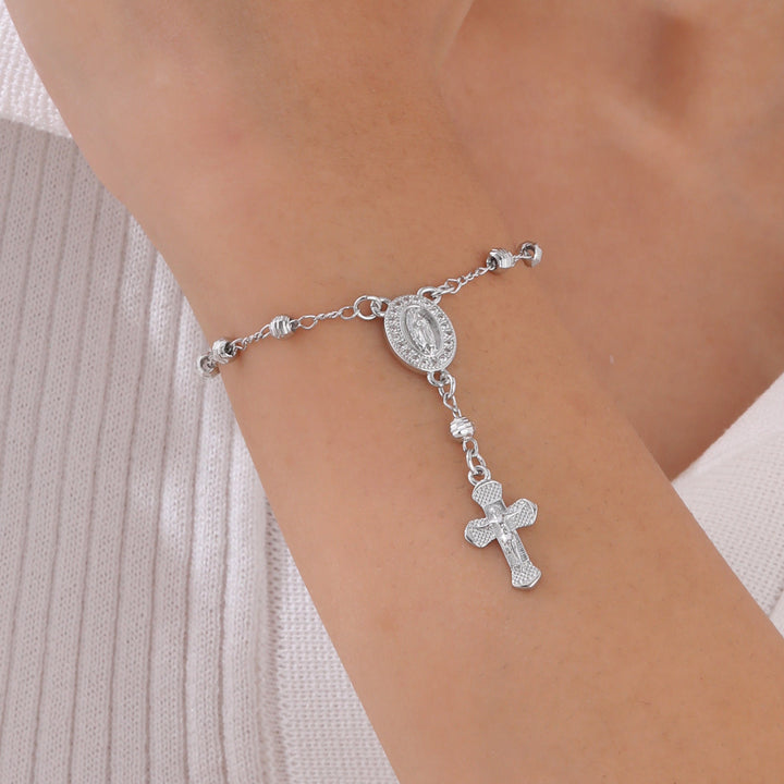 Oval Virgin Mary & Cross Beaded Bracelet