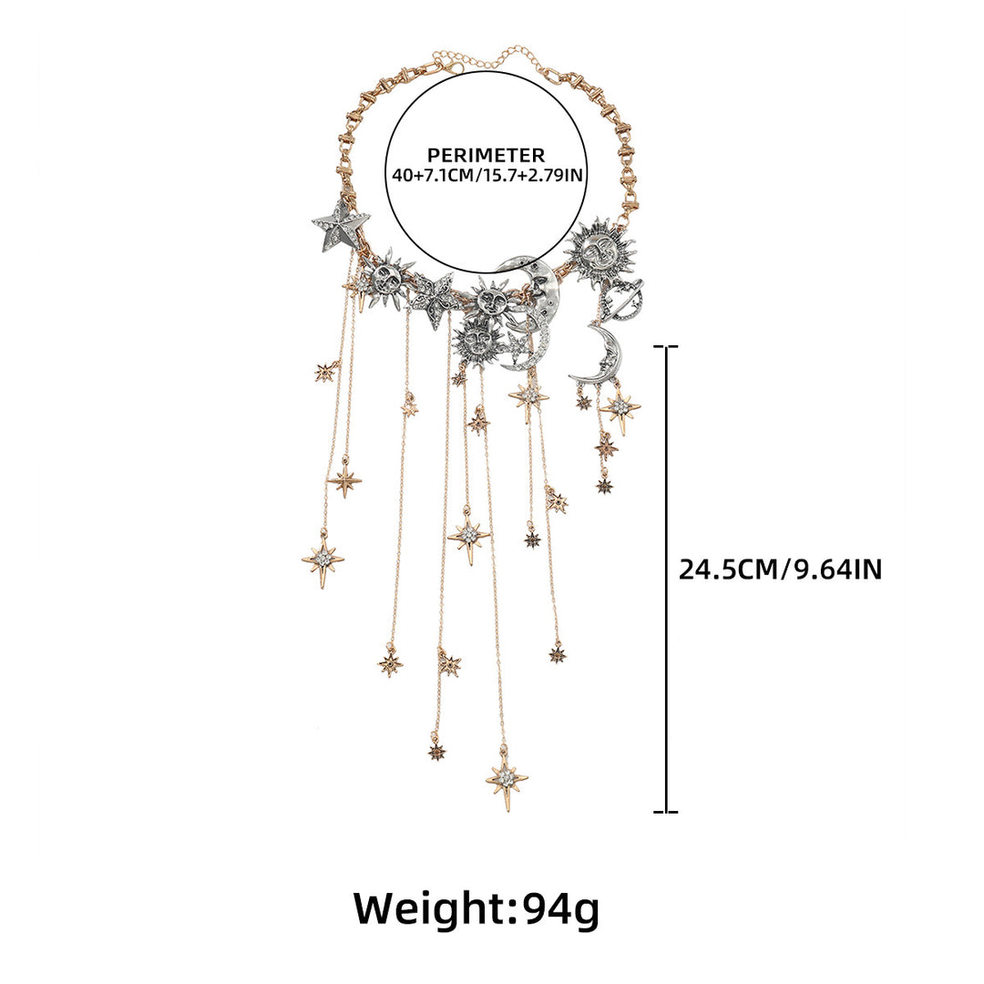 Sun-Moon-Star Gold-Silver Color-Block Tassel Necklace (Cosmic Romantic Style Series)