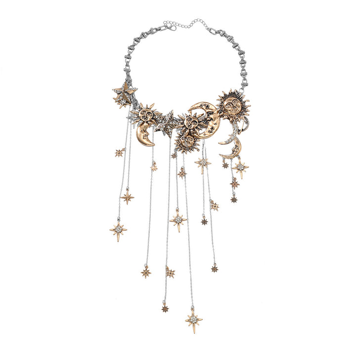 Sun-Moon-Star Gold-Silver Color-Block Tassel Necklace (Cosmic Romantic Style Series)