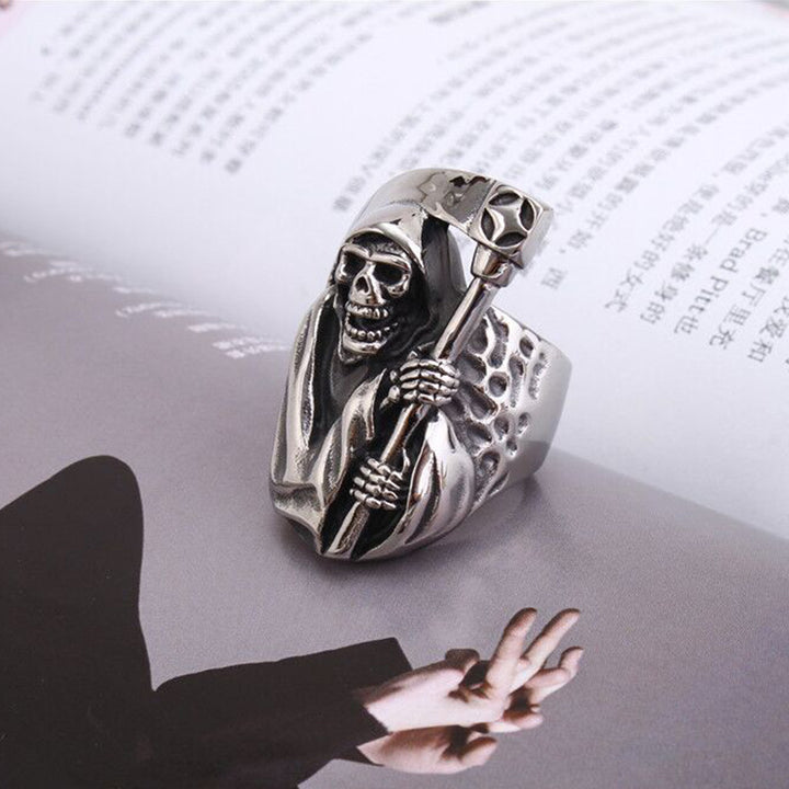 Grim Reaper Skull Ring with Scythe (Gothic Dark · Biker Style)