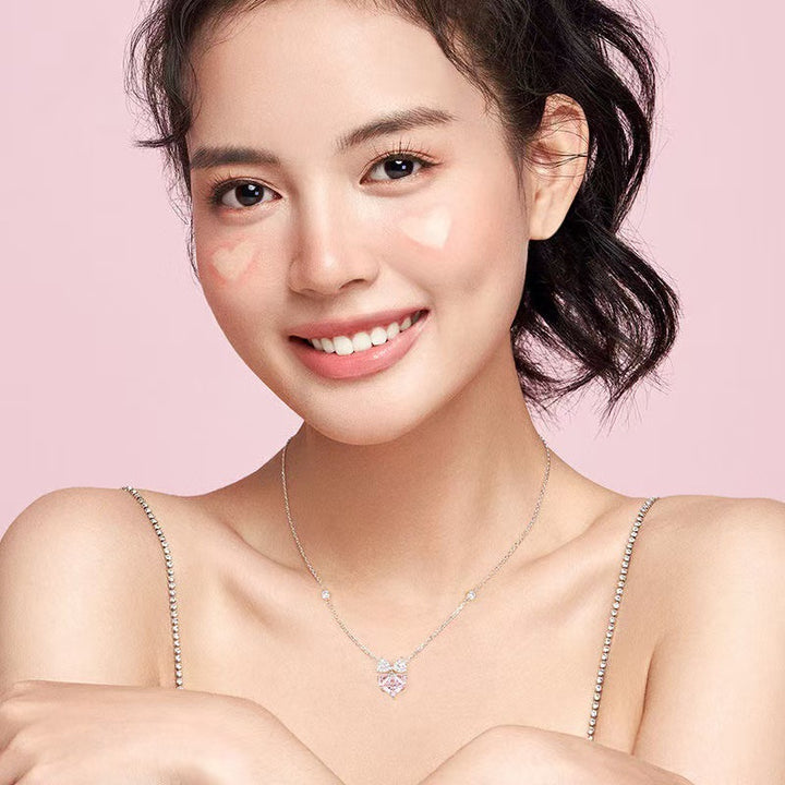 Bowknot Pink Heart Diamond Necklace (Women's Sweet Vitality Luxury Style)