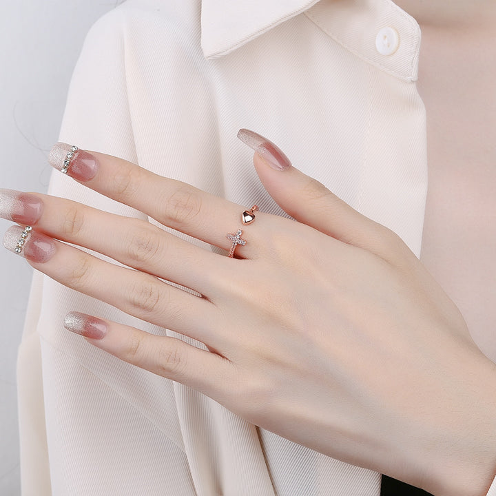 Jesus Cross Heart Open Ring for Women – Minimalist Diamond Faith Ring
