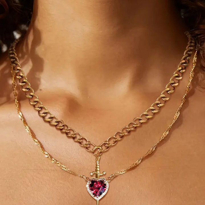 Sword & Heart Layered Necklace (Personalized Sweet-Cool Luxury Style)