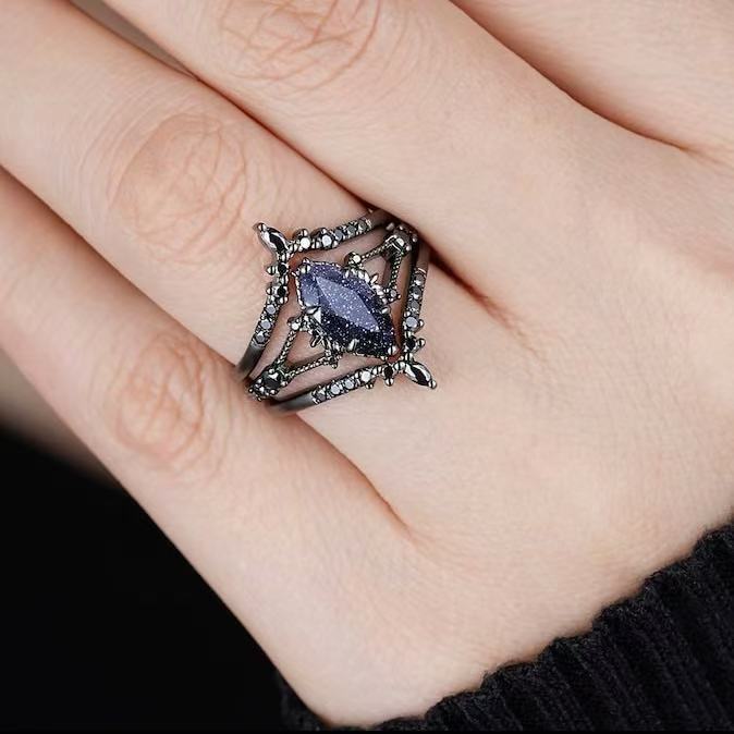 Black Gold Colored Diamond Triple Layer Stackable Ring (Dark Luxury Glamorous Style)