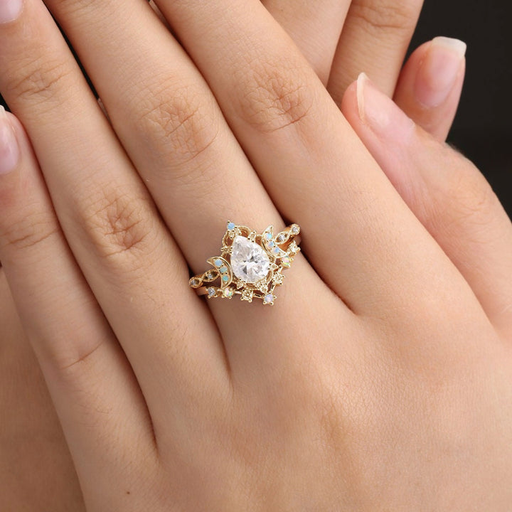 Moon-Star Teardrop Diamond Double Layer Stackable Ring (Dreamy Luxury Vintage Style)