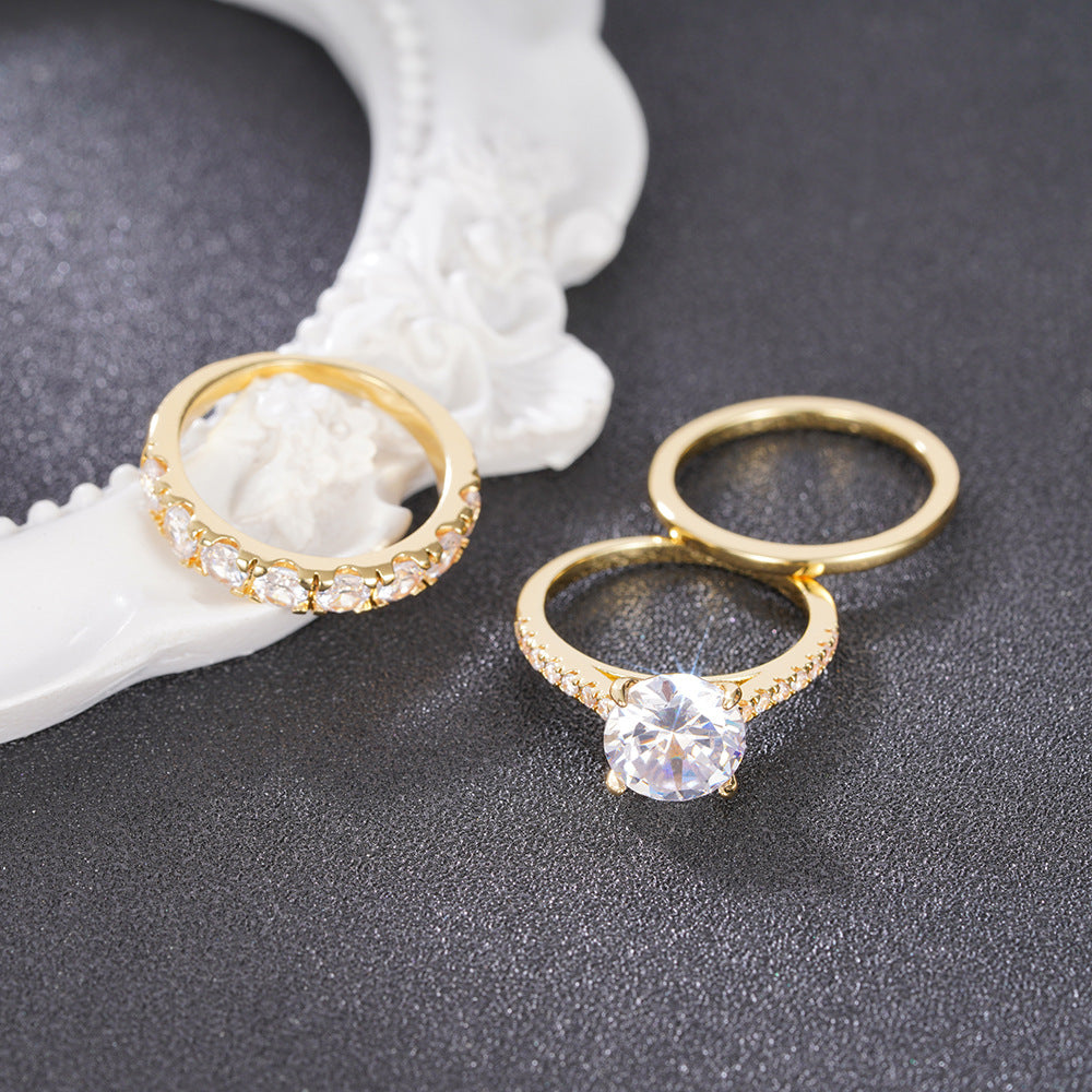 Gold Center Diamond Full Pave Triple Layer Stackable Ring (Luxury Glamorous Ritual Style)
