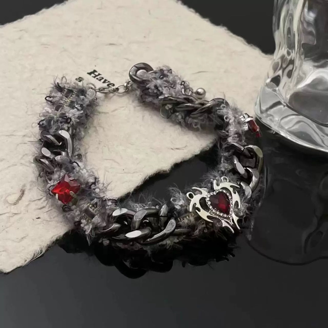 Red Diamond Heart Fur Chain Choker (Dark Sweet-Cool Hot Girl Style)