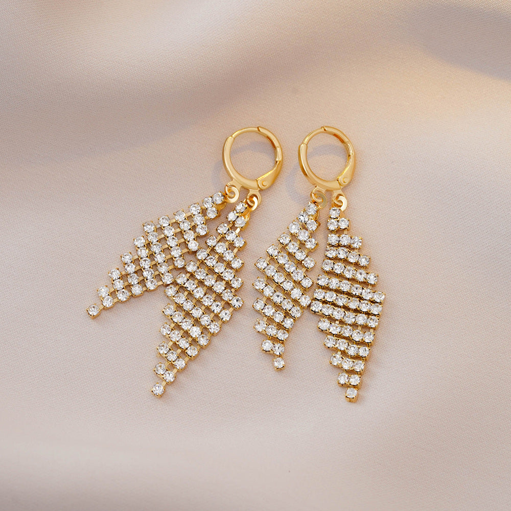 Gold Base Full Diamond Feather Tassel Earrings (Luxury Elegant Banquet Style)
