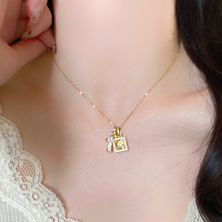 Full Diamond Lock + Cross Double Pendant Necklace (Cool Luxury Personalized Style)