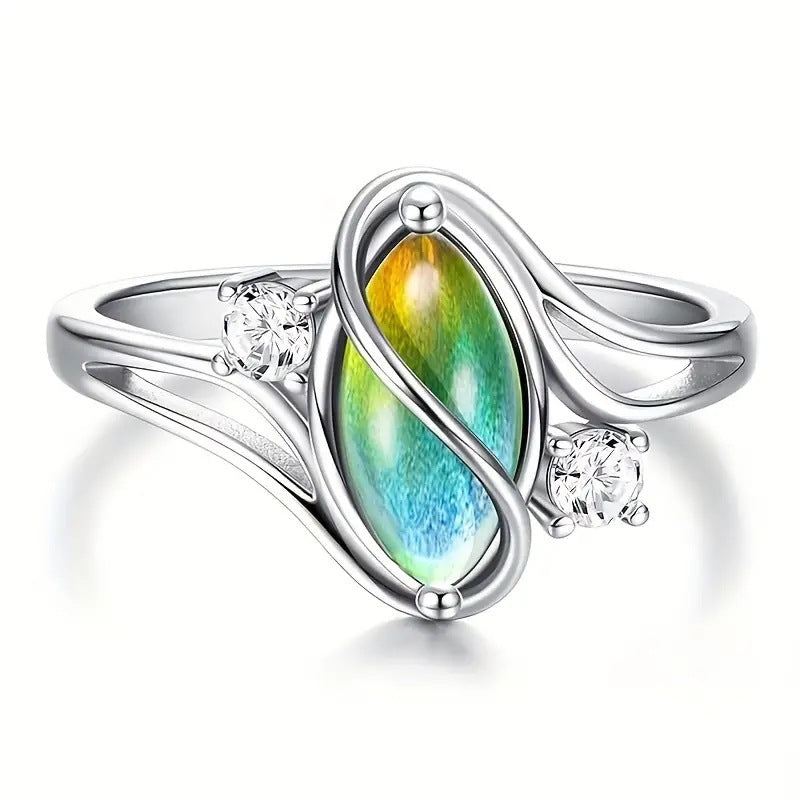 Sterling Silver Marquise Thermochromic Ring - Cat's Eye Stone Fashion Women's Band