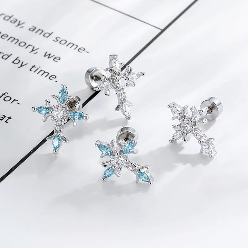 Zircon-Studded Cross Screw Barbell Earrings – Elegant Couple Ear Studs