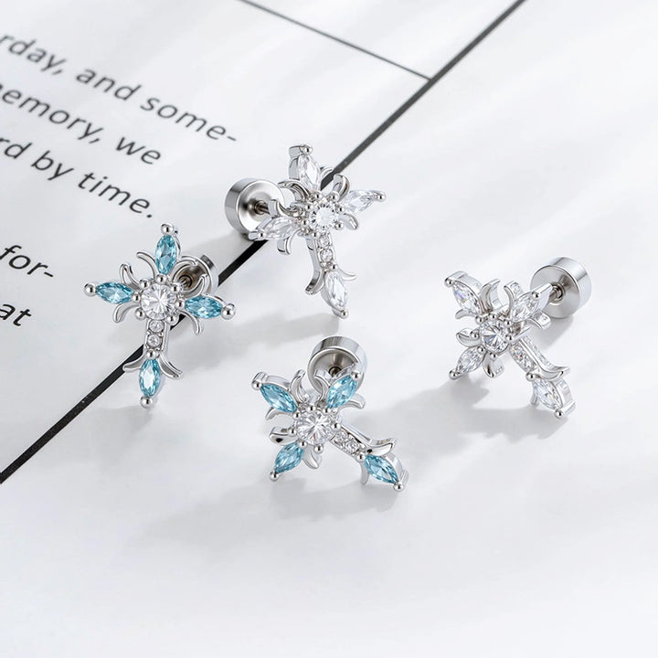 Zircon-Studded Cross Screw Barbell Earrings – Elegant Couple Ear Studs