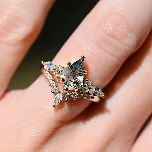 Natural Moss Agate Rhombus-Shaped Wedding Ring for Women