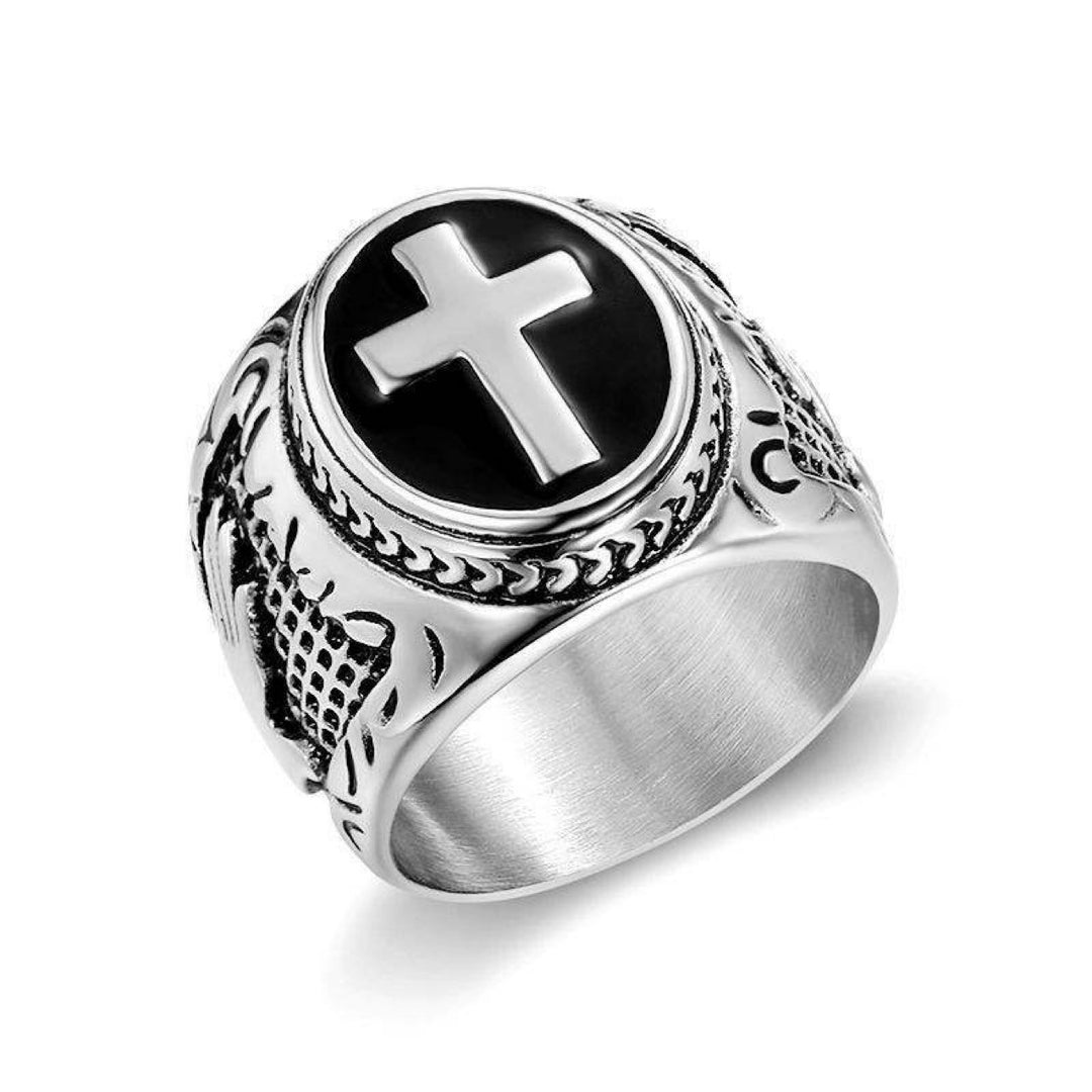 Two-Tone Vintage Praying Hands Cross Ring for Men
