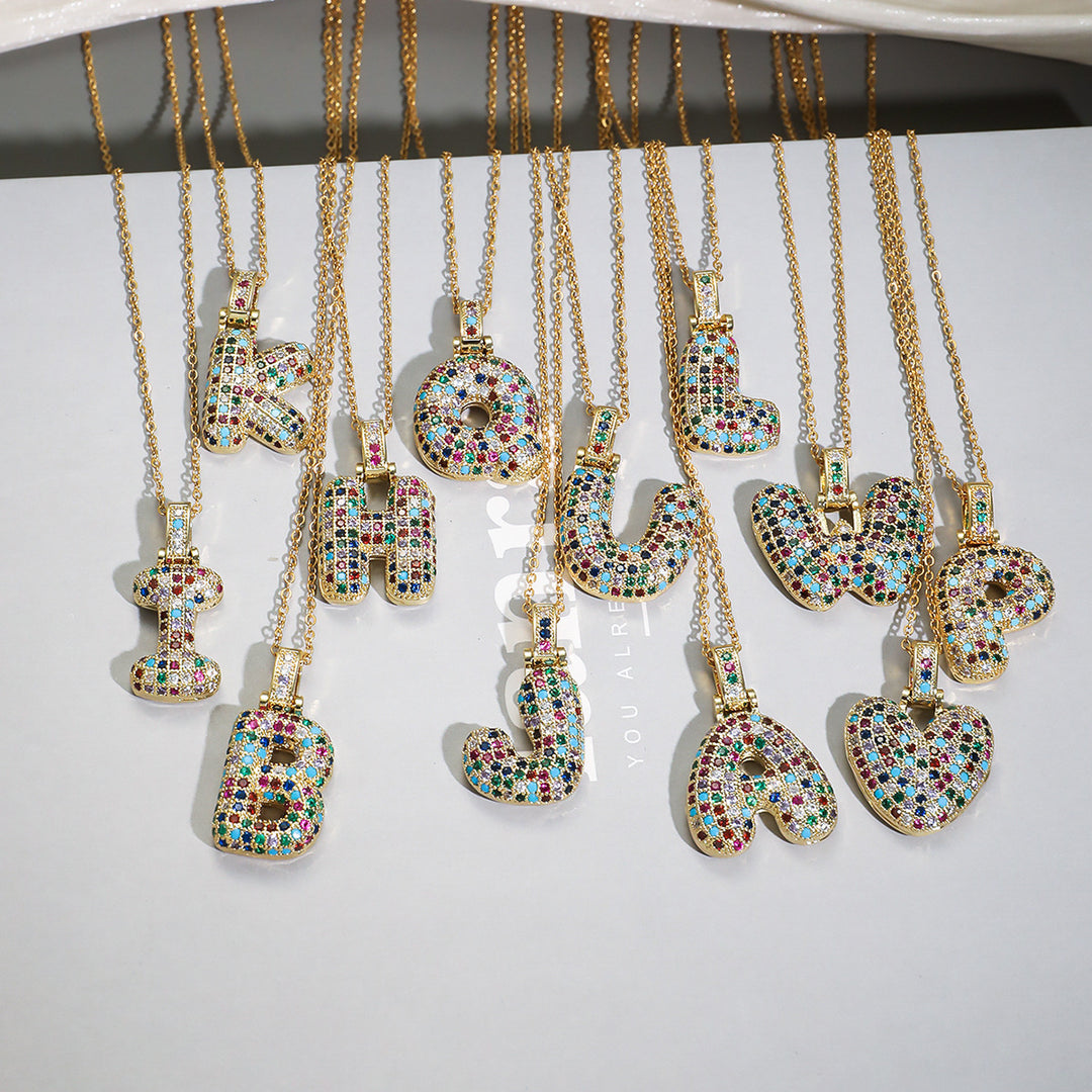 Colorful Full-Zircon Letter Pendant Necklace