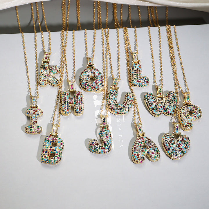 Colorful Full-Zircon Letter Pendant Necklace