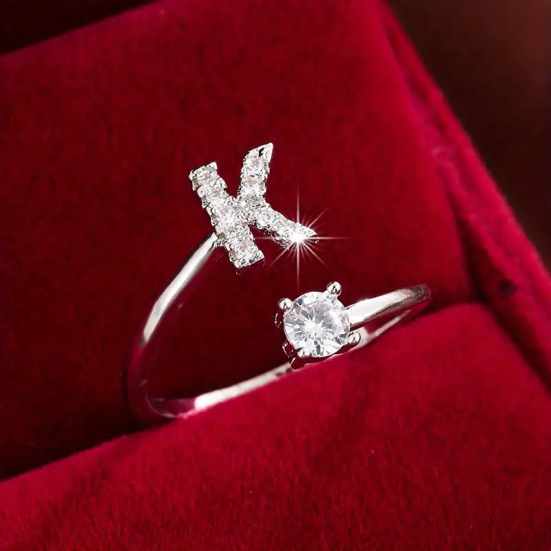 Full Zircon Letter Open Ring CNC-Set Titanium Steel Vacuum Plated