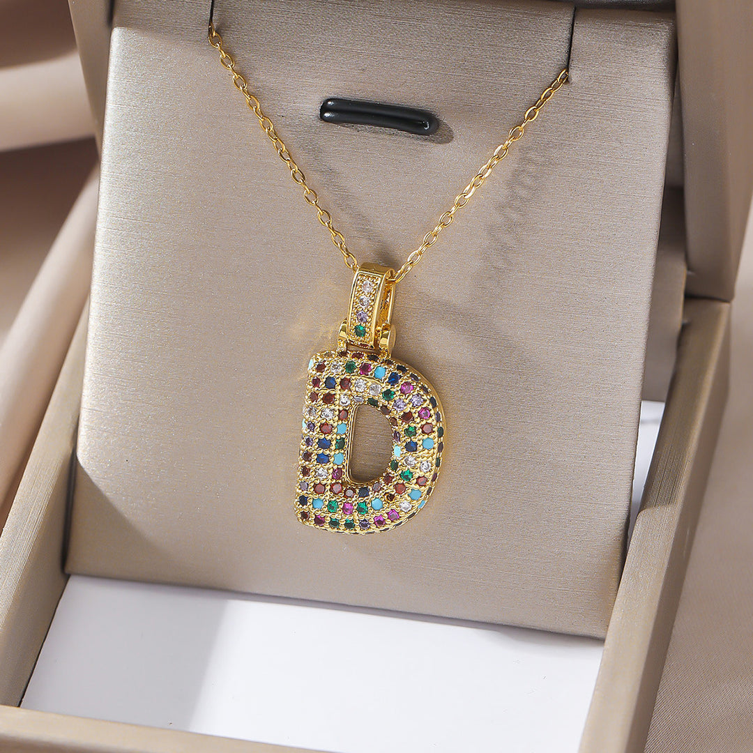 Colorful Full-Zircon Letter Pendant Necklace