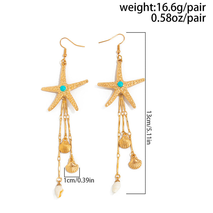 Coastal Vacation Starfish Shell Tassel Long Drop Earrings, European Vintage Ocean Series Multi-style Holiday Earrings for Women