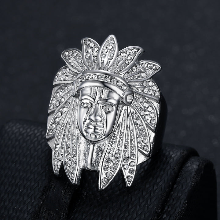Native American Chief Pave Diamond Embossed Wide Ring, Solid S925 Silver Gold & Silver Two-Tone Vintage Tribal Men’s Band
