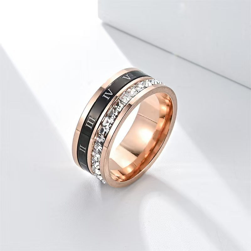 Rotatable Roman Numeral Diamond Inlaid Ring, 3-Color European Luxury Stress Relief Wide Couple Band