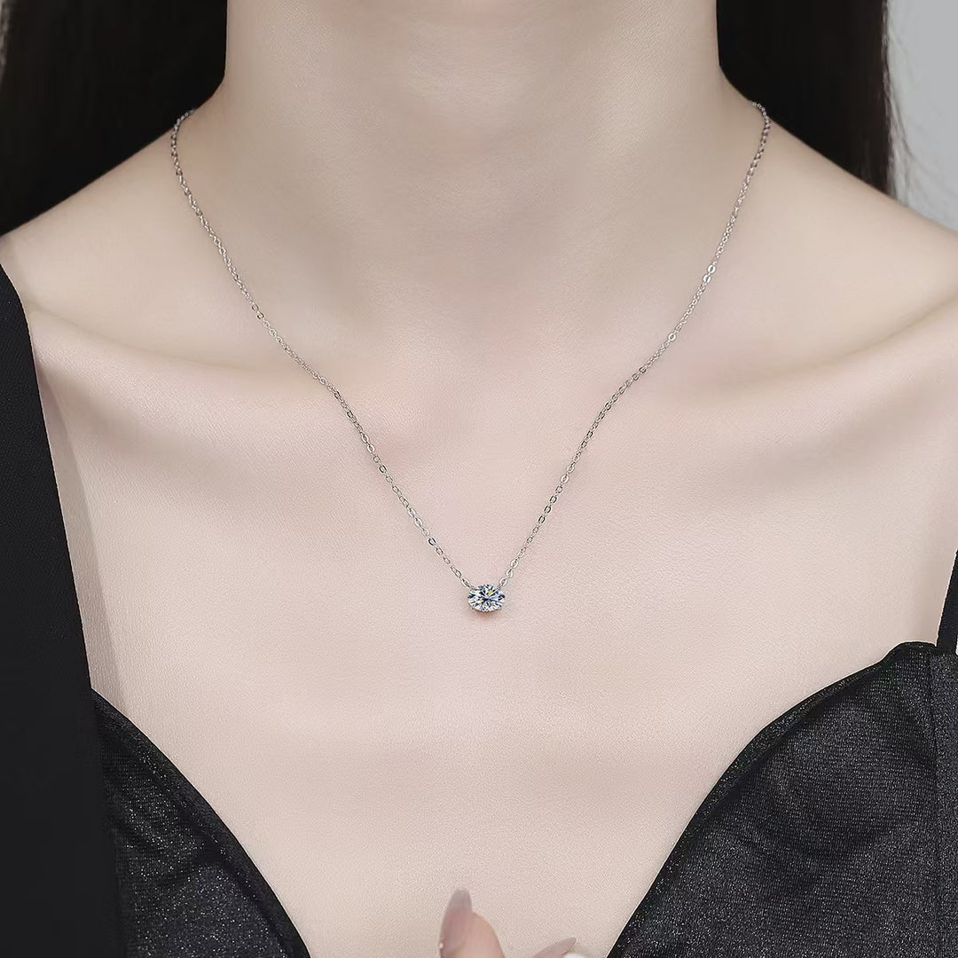 Luxury Single Oval Diamond Solitaire Necklace (Versatile Gold Tone Clavicle Chain)