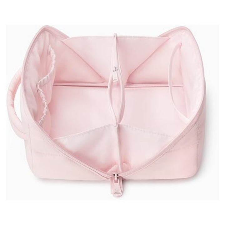 Solid Color Quilted Divided Handheld Makeup Bag, Large Capacity Multi-Compartment Portable Toiletry Storage Case