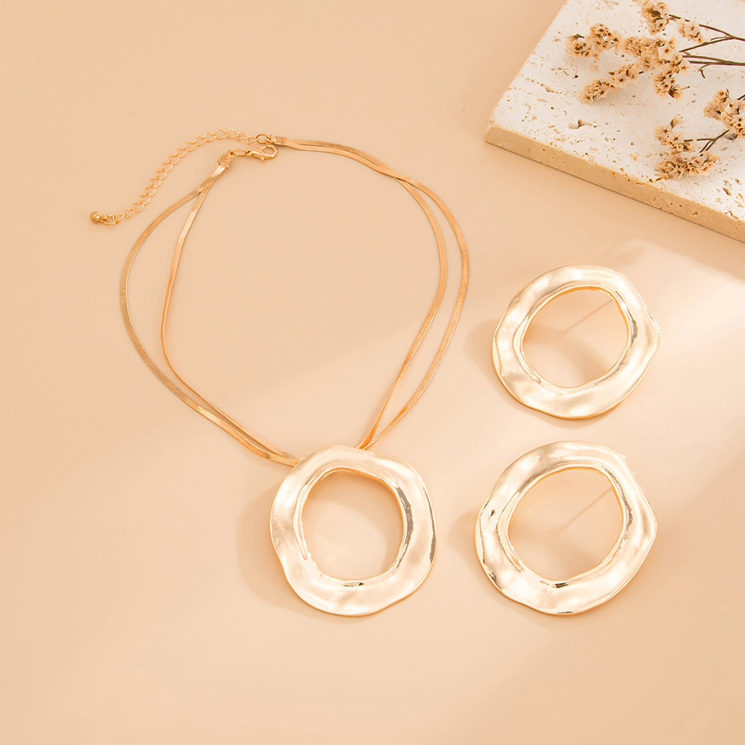 Textured Irregular Circle Jewelry Set, Double Snake Chain Necklace & Matching Large Hoop Earrings
