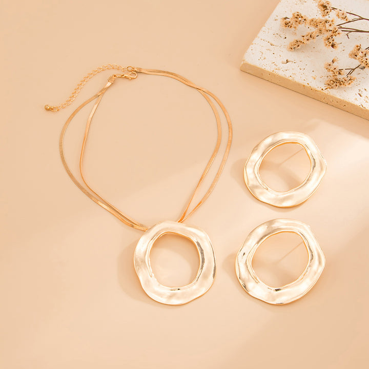 Textured Irregular Circle Jewelry Set, Double Snake Chain Necklace & Matching Large Hoop Earrings
