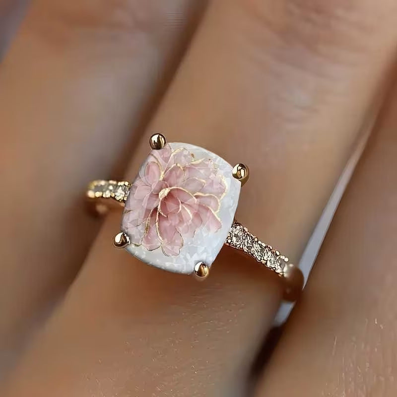 Square Inner‑Carved Pink Flower S925 Silver Gold‑Tone Ring
